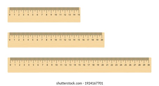 Set of realistic wooden measuring ruler 15, 20 and 30 centimeters. School math tool. 
