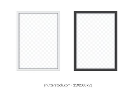 Set of realistic wooden rectangular picture or photo frames. Black and white with shadow and transparent background - vector