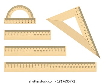 Set of realistic wooden ruler instruments. School wooden triangle, protractor and rules 15, 20, 30 centimeters. Flat style. Vector objects on white background