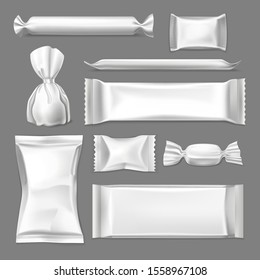 Set of realistic wrapper for confectionary products, wrap for candy and sachet for sugar, pack for salt, bag for sweets. Blank or empty 3d container mockup. Food and packaging, packing and merchandise