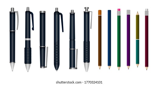 Set of realistic writing pen isolated on a white background. Template of realistic multi colored plastic pens in different angles. 3D colored school stationery. Vector illustration, eps 10.