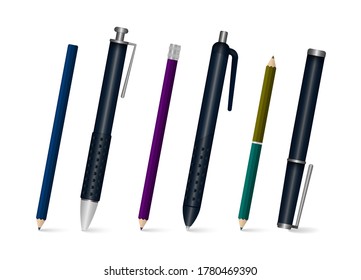 Set of realistic writing pen isolated on a white background. 3D colored school stationery. Template of realistic multi colored plastic pens in different angles. Vector illustration, eps 10.