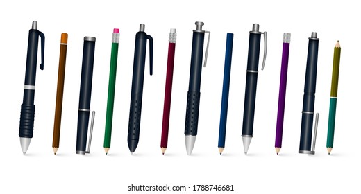 Set of realistic writing pen isolated on a white background. 3D colored school stationery. Template of realistic multi colored plastic pens in different angles. Vector illustration, eps 10.