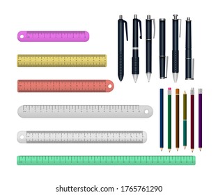 Set of realistic writing pen, rulers isolated on a white background. 3D colored school stationery. Template of realistic multi colored plastic pens in different angles. Vector illustration, eps 10.