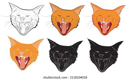 Set of Realistic yawning cat portrait. Vector illustration.