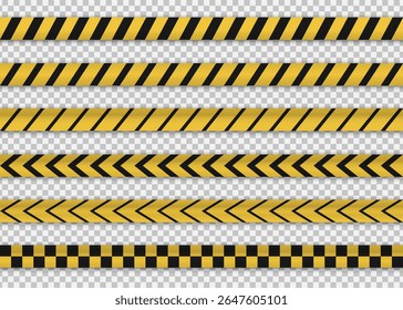 Set of realistic yellow and black caution tapes with 3D shadows on transparent background. Ideal for safety design, warning signs, or construction zones.