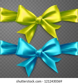 Set of realistic yellow and blue bows, decorations for your design on a transparent background, vector illustration