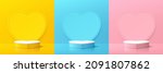 Set of realistic yellow, blue, pink, white 3d pedestal podium in heart shape. Heart shape backdrop in pastel color. Abstract vector rendering for valentine product display presentation. Minimal scene.