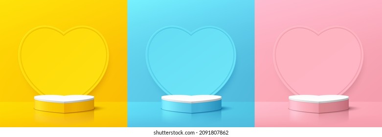 Set of realistic yellow, blue, pink, white 3d pedestal podium in heart shape. Heart shape backdrop in pastel color. Abstract vector rendering for valentine product display presentation. Minimal scene.