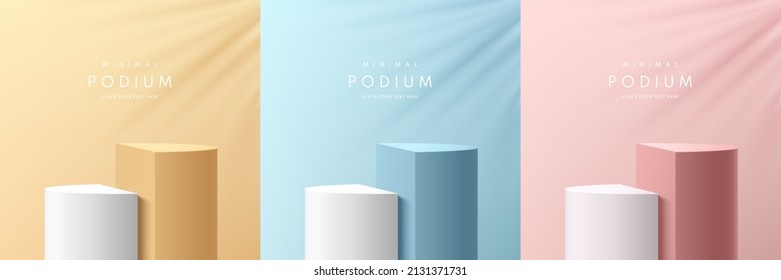 Set of realistic yellow, blue, pink and white 3D cylinder stand podium in clean abstract room with leaf shadow. Minimal scene for products stage showcase, promotion display. Vector geometric platform.