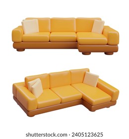 Set of realistic yellow corner sofa with beige pillows. Composition with comfortable furniture for home in different positions. Vector illustration in 3d style