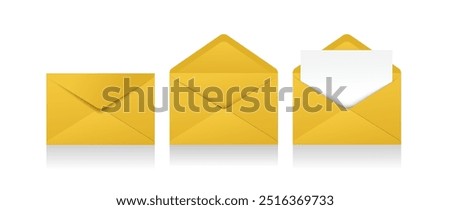 Set of realistic yellow envelopes in different positions. Folded and unfolded envelope backpack isolated