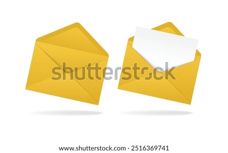 Set of realistic yellow envelopes in different positions. Folded and unfolded envelope backpack isolated