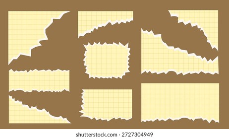 Un conjunto de rejillas amarillas realistas recortes de papel de cuaderno con bordes rotos y tiras rasgadas para scrapbooking y Elementos de diseño de diario.