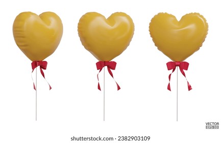 Set of realistic yellow heart balloons with red rbbon isolated on background. Helium yellow heart balloons clipart for anniversary, birthday, wedding, Christmas, card  party. 3D vector illustration