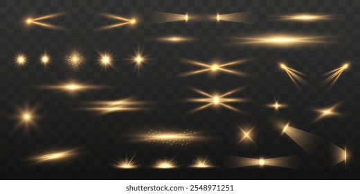 Set of realistic yellow light explosions on transparent background. Vector golden light with glare. Wall texture with organic drop diagonal shadow and rays of light on a white wall.	