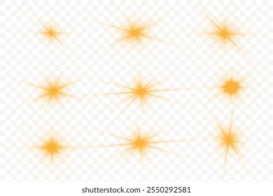 Set of realistic yellow light explosions on transparent background. Sunbeams special lens flare. Golden star. Vector.