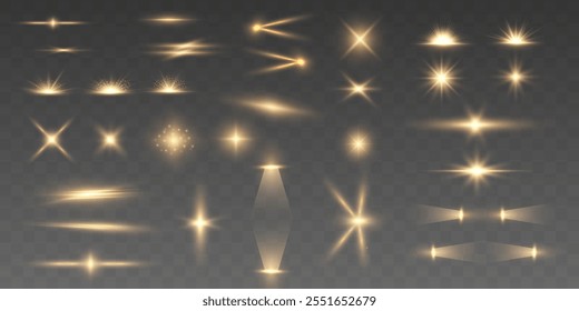 Set of realistic yellow light explosions on transparent background. Vector golden light with glare. Wall texture with organic drop diagonal shadow and rays of light on a white wall.	