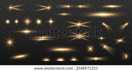 Set of realistic yellow light explosions on transparent background. Vector golden light with glare. Wall texture with organic drop diagonal shadow and rays of light on a white wall.	