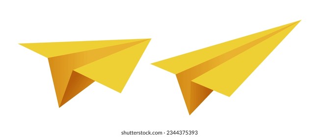 Set realistic yellow paper airplane 3D model jets. Different view paper airplane isolated on white background