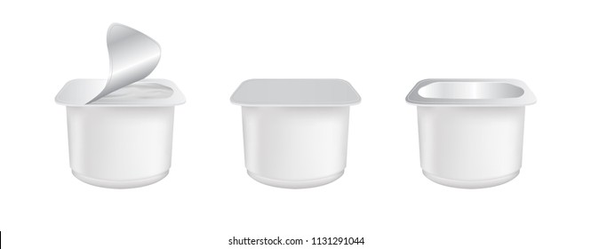 Set of realistic Yogurt in plastic cup isolated on white background. Mock up of White plastic pots with foil cover for yogurt and other products.