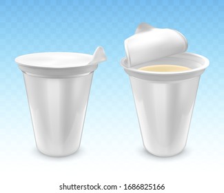 Set of realistic yogurt in plastic cup isolated on transparent blue background. White plastic packaging with foil cover for yogurt and other products.
