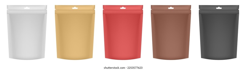 Set of realistic zip bags. Flexible food bags. White, gold, red, brown and black foil pouches. Plastic sachet for coffee, candy, shack or nuts.