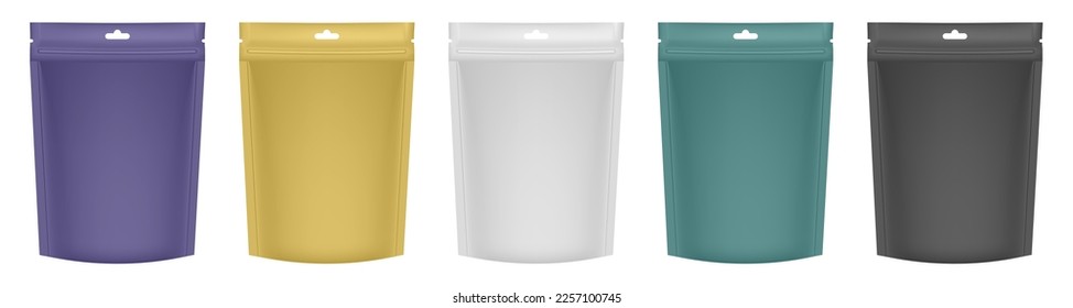 Set of realistic zip bags. Flexible food bags. Purple, yellow, white, green and black foil pouches. Plastic sachet for coffee, candy, shack or nuts.	