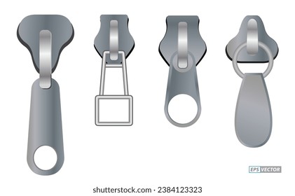 set of realistic zipper for clothes isolated or zipper garment metal. eps vector