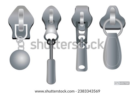 set of realistic zipper for clothes isolated or zipper garment metal. eps vector