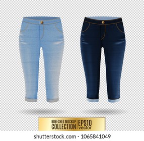 Set of realistick vector breeches mockup. Denim knickerbockers. Blue corduroys. Light and dark blue jeans knee-breeches set on transparent background.