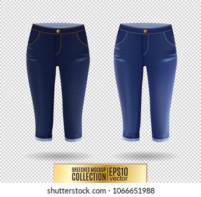 Set of realistick vector breeches mockup. Denim knickerbockers. Blue corduroys. Blue jeans knee-breeches set on transparent background.