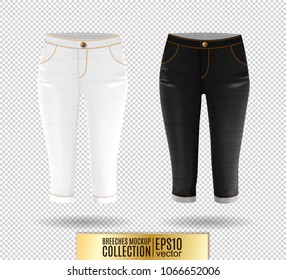 Set of realistick vector breeches mockup. Denim knickerbockers. Blue corduroys. White and black jeans knee-breeches set on transparent background.