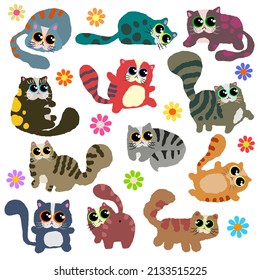 A set of really cute and adorable fluffy cats with big eyes, isolated on a white background.

