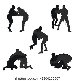 Set of realness silhouettes of sambo athletes in sambo wrestling, combat sambo, duel, fight, jiu jitsu. Martial art, sportsmanship
