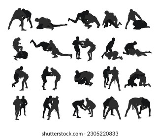 Set of realness silhouettes of sambo athletes in sambo wrestling, combat sambo, duel, fight, fistfight, struggle, tussle, brawl, jiu jitsu. Martial art, sportsmanship