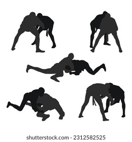 Set of realness silhouettes of sambo athletes in sambo wrestling, combat sambo, duel, fight, jiu jitsu. Martial art, sportsmanship
