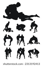 Set of realness silhouettes of sambo athletes in sambo wrestling, combat sambo, duel, fight, jiu jitsu. Martial art, sportsmanship
