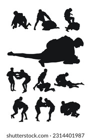 Set of realness silhouettes of sambo athletes in sambo wrestling, combat sambo, duel, fight, jiu jitsu. Martial art, sportsmanship
