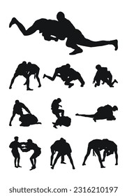 Set of realness silhouettes of sambo athletes in sambo wrestling, combat sambo, duel, fight, jiu jitsu. Martial art, sportsmanship