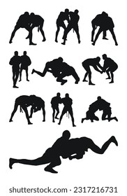 Set of realness silhouettes of sambo athletes in sambo wrestling, combat sambo, duel, fight, fistfight, struggle, tussle, brawl, jiu jitsu. Martial art, sportsmanship