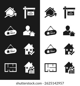 Set Realtor, Hanging sign with For Sale, Rising cost of housing, Rent, House check mark,  and plan icon. Vector