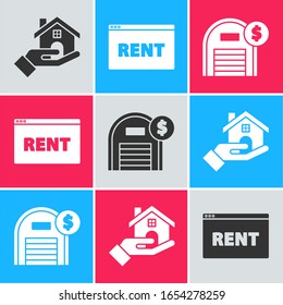 Set Realtor, Hanging sign with text Online Rent and Warehouse with dollar symbol icon. Vector