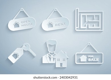 Establecer Realtor, plan de la casa, con la llave, el signo de la colgando para la venta, el alquiler y el icono de la casa abierta. Vector