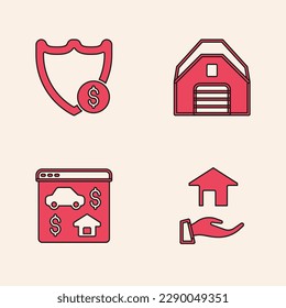 Indique Realtor, Escudo con dólar, Garage y icono inmobiliario en línea. Vector