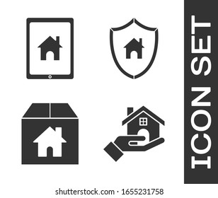 Ajuste Realtor, Tablet y hogar inteligente, Caja de cartón con casa y casa con icono de escudo. Vector
