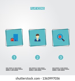 Set of realty icons flat style symbols with search real estate, options, realtor and other icons for your web mobile app logo design.