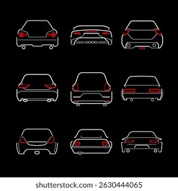 Set of Rear View of Cars With Red Brake Lights Drawn With Lines. Vehicle Outline Vector Icons Isolated on Black Background. Auto Vehicle Car, Illustration of Automobile Transport