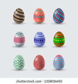 Set Of Reaslistic Easter Eggs On Light Background. Easter Collection. Happy Easter. Vector Illustration