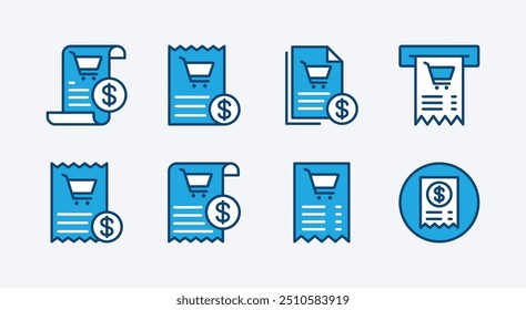 Conjunto de Comprobante, Factura e ícono de la factura de la compra. Contiene confirmación de pago, transacción, compra, registro financiero, contabilidad, venta, pago, compra, compra, pedido. Ilustración vectorial